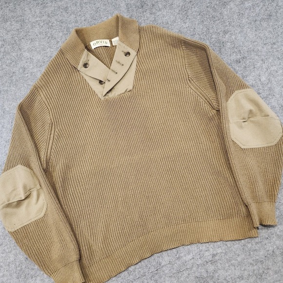 Orvis Mens L Large Cotton Knit Shawl Collar Infantry Button Sweater Elbow Pads - Picture 2 of 14
